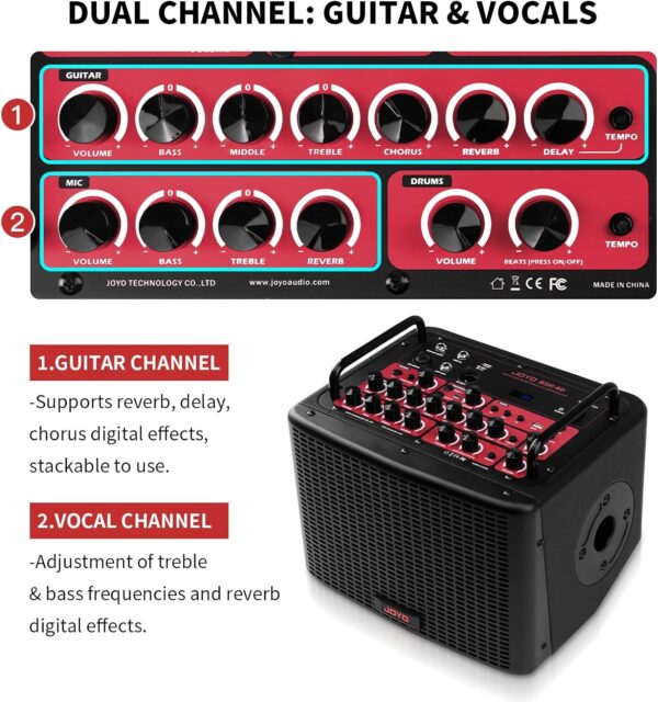 JOYO 40 Watt Acoustic Guitar Amplifier - Rechargeable Guitar & Vocal Two Channel Amp - Image 4